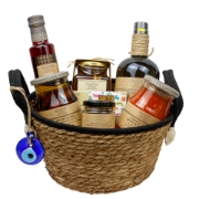 Navarino Icons Premium Greek Food Basket with olive oil, olives, honey, and other gourmet ingredients.