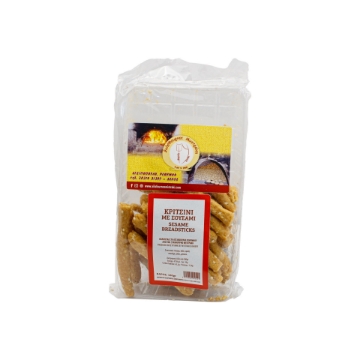 Artisanal Premium Cretan Sesame Breadsticks - Elegant Packaging Elegant packaging of Artisanal Premium Cretan Sesame Breadsticks featuring whole wheat flour, olive oil, and sesame seeds.