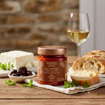 Classic Greek Meze Pairing: Navarino Icons Peppers, Feta & White Wine Artisanal Greek appetizer pairing of Navarino Icons stuffed peppers with cream cheese, a block of feta, olives, fresh bread, and a glass of white wine.