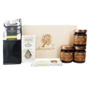 Greek Morning Luxury Breakfast Hamper contents shown next to the elenianna wooden gift box.