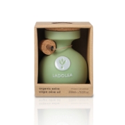 Sustainable craft paper gift box for Ladolea Organic Extra Virgin Olive Oil, highlighting "Product of Greece" and 200ml volume.