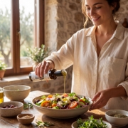 A woman pouring Biolea Organic Extra Virgin Olive Oil with Bitter Orange onto a fresh Greek salad in a rustic Mediterranean kitchen.