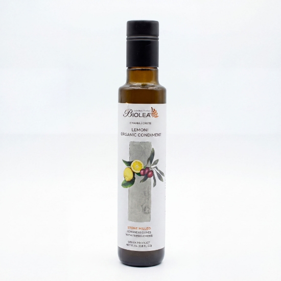 Biolea Lemoni Organic Condiment 250ml bottle, stone-milled extra virgin olive oil co-pressed with fresh organic lemons from Chania, Crete.