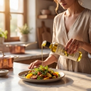 Pouring Biolea Lemoni organic lemon-infused olive oil onto a fresh Mediterranean salad with citrus slices in a bright, modern kitchen.