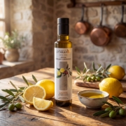 Biolea Lemoni bottle on a rustic wooden table surrounded by whole fresh lemons and green olive branches, highlighting traditional stone-milled production.