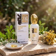 40ml bottle of Mastic Spa Donkey Milk Hyaluronic Velvet Gel displayed on a luxury amber base highlighting premium Greek beauty branding.