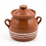 Authentic Sifnos ceramics handcrafted brown glazed clay pot with white wavy line pattern, lid, and two handles on white backg...