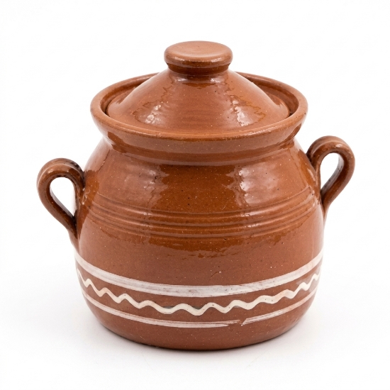 Authentic Sifnos ceramics handcrafted brown glazed clay pot with white wavy line pattern, lid, and two handles on white backg...