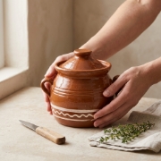 Authentic Sifnos ceramics clay slow-cooking pot Ø 16cm with lid held by hands